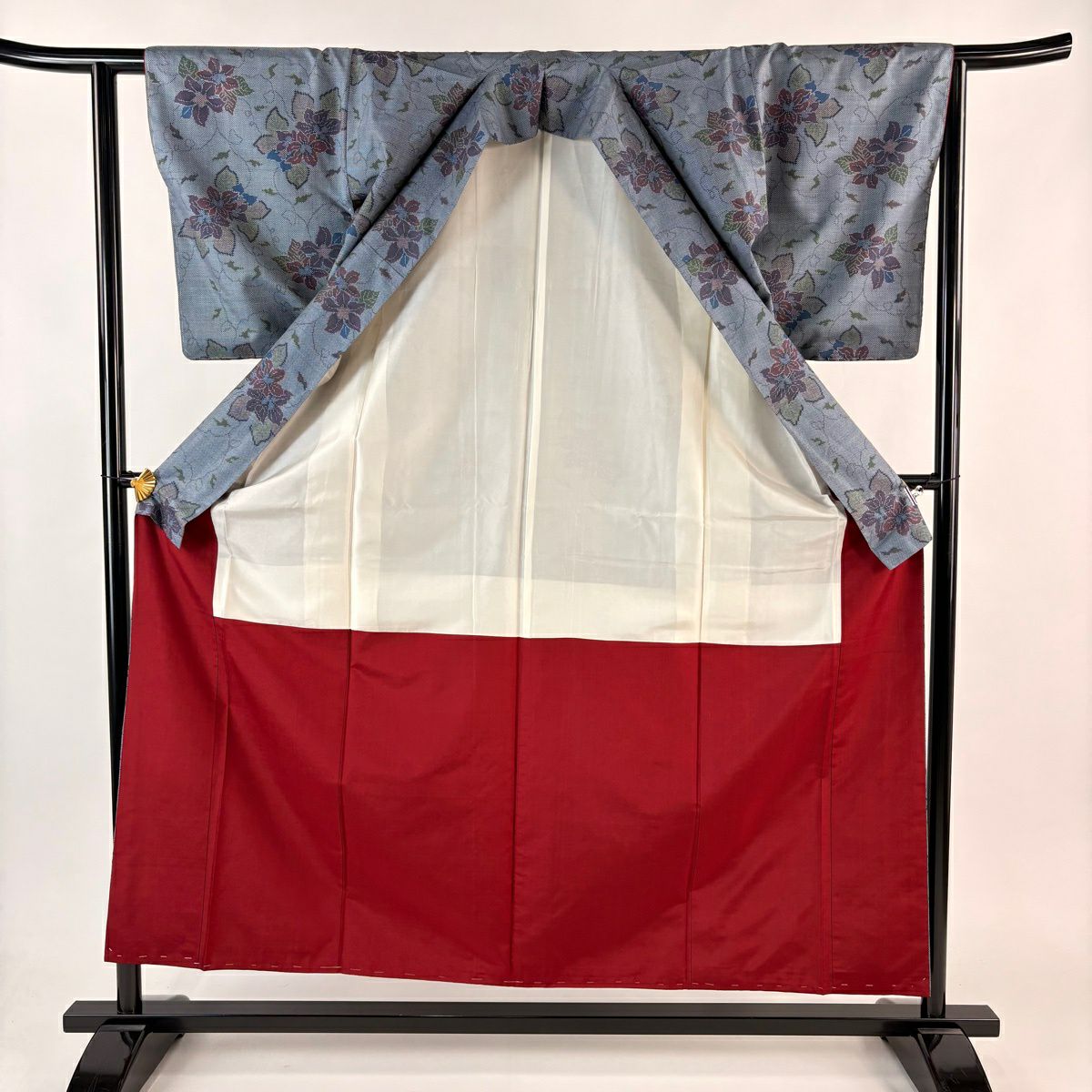 紬織 身長156cm 袖長62cm S 雙層 草花紋 綠灰 純蠶絲 秀品級