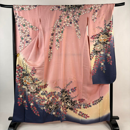 振袖禮服 身長164cm 袖長70cm L 雙層 牡丹 枝花 金彩裝飾 拉麵 粉紅 純蠶絲 優品級