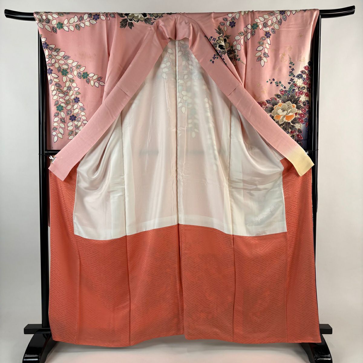 振袖禮服 身長164cm 袖長70cm L 雙層 牡丹 枝花 金彩裝飾 拉麵 粉紅 純蠶絲 優品級