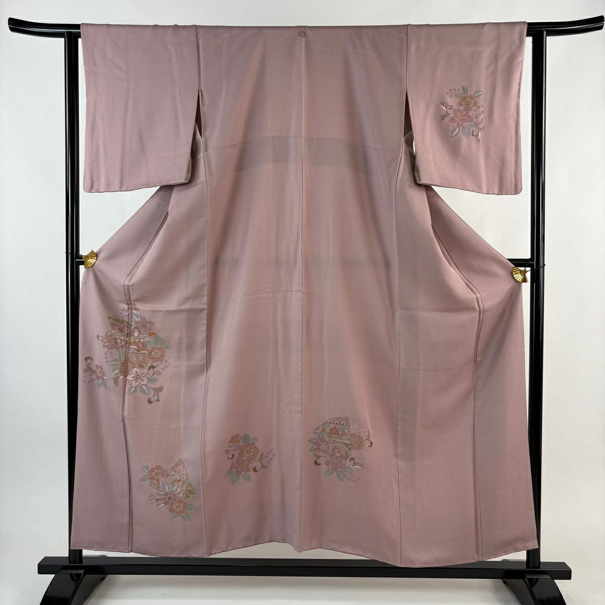 付下 身長155cm 袖長64cm M 雙層 草花紋紋 刺繡 金糸 粉紅 純蠶絲 秀品級 一つ紋