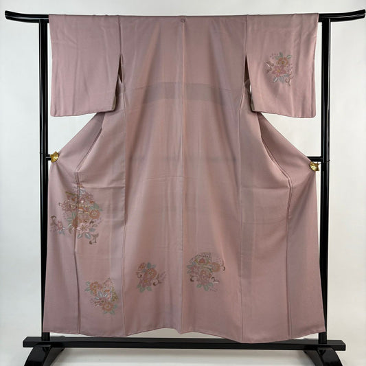 付下 身長155cm 袖長64cm M 雙層 草花紋紋 刺繡 金糸 粉紅 純蠶絲 秀品級 一つ紋