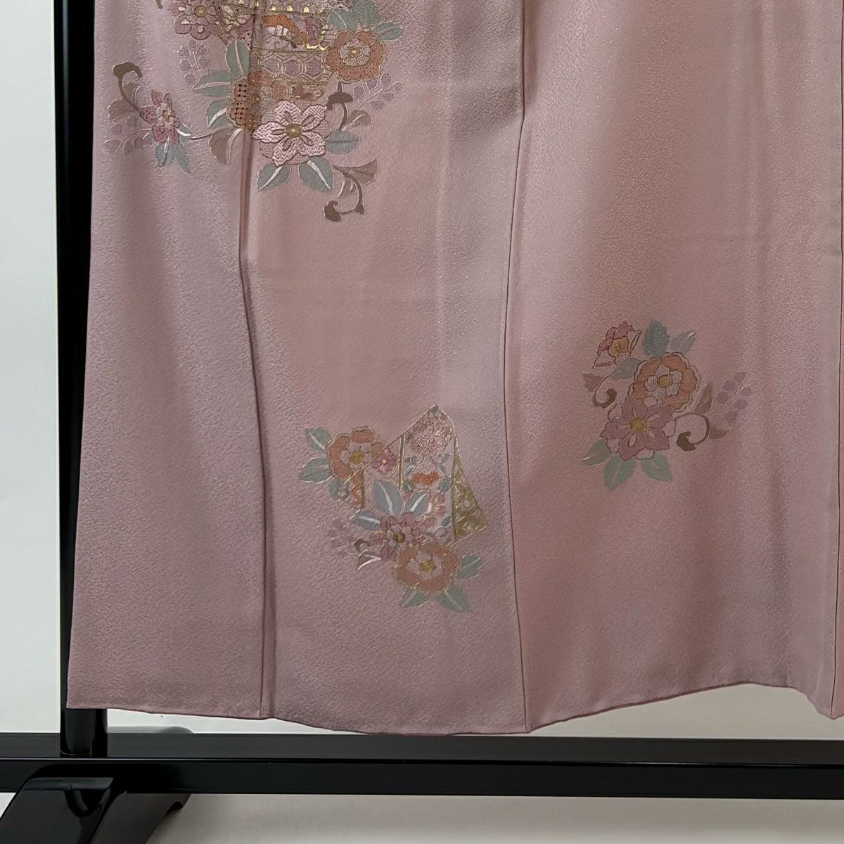 付下 身長155cm 袖長64cm M 雙層 草花紋紋 刺繡 金糸 粉紅 純蠶絲 秀品級 一つ紋