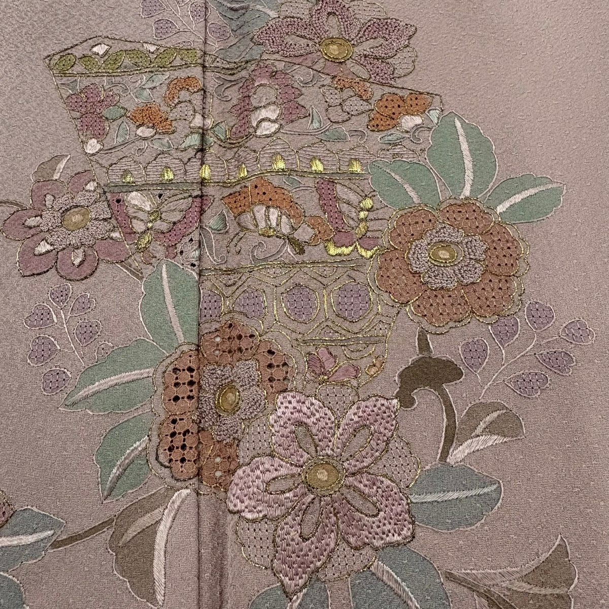 付下 身長155cm 袖長64cm M 雙層 草花紋紋 刺繡 金糸 粉紅 純蠶絲 秀品級 一つ紋