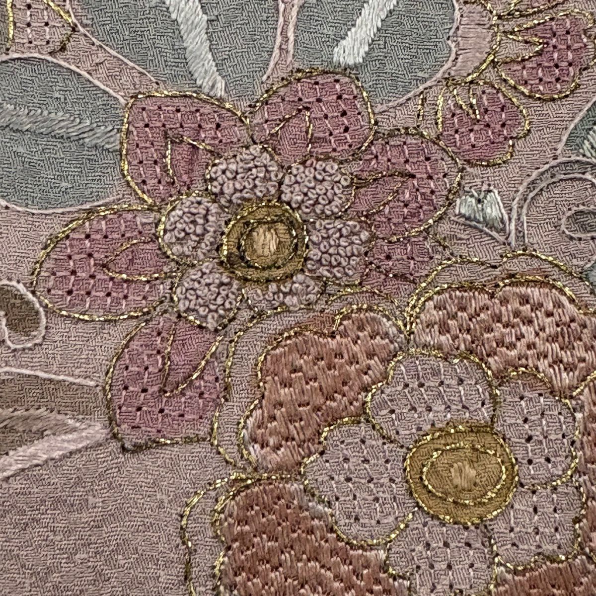 付下 身長155cm 袖長64cm M 雙層 草花紋紋 刺繡 金糸 粉紅 純蠶絲 秀品級 一つ紋