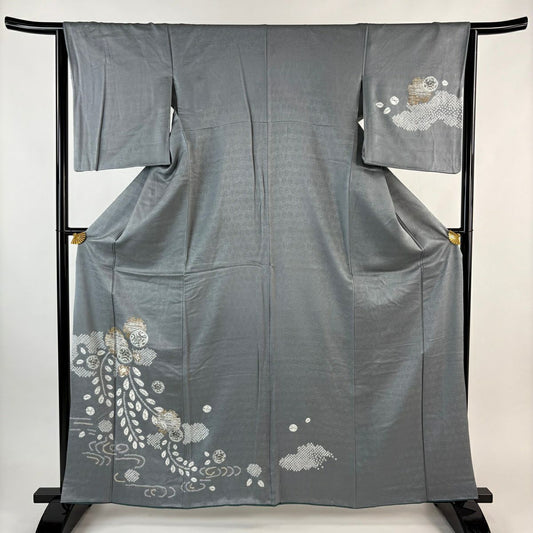 付下 身長161.5cm 袖長64.5cm M 雙層 草花紋紋 雪輪 金糸刺繡 灰 純蠶絲 秀品級