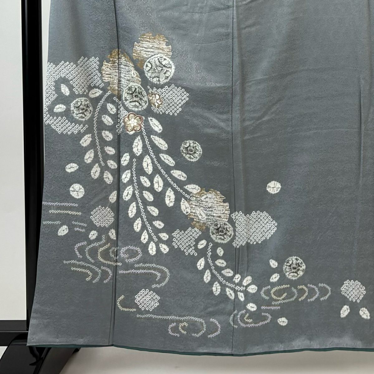 付下 身長161.5cm 袖長64.5cm M 雙層 草花紋紋 雪輪 金糸刺繡 灰 純蠶絲 秀品級