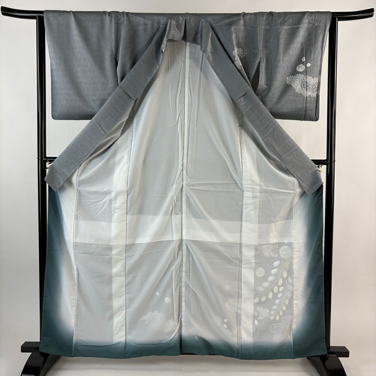 付下 身長161.5cm 袖長64.5cm M 雙層 草花紋紋 雪輪 金糸刺繡 灰 純蠶絲 秀品級