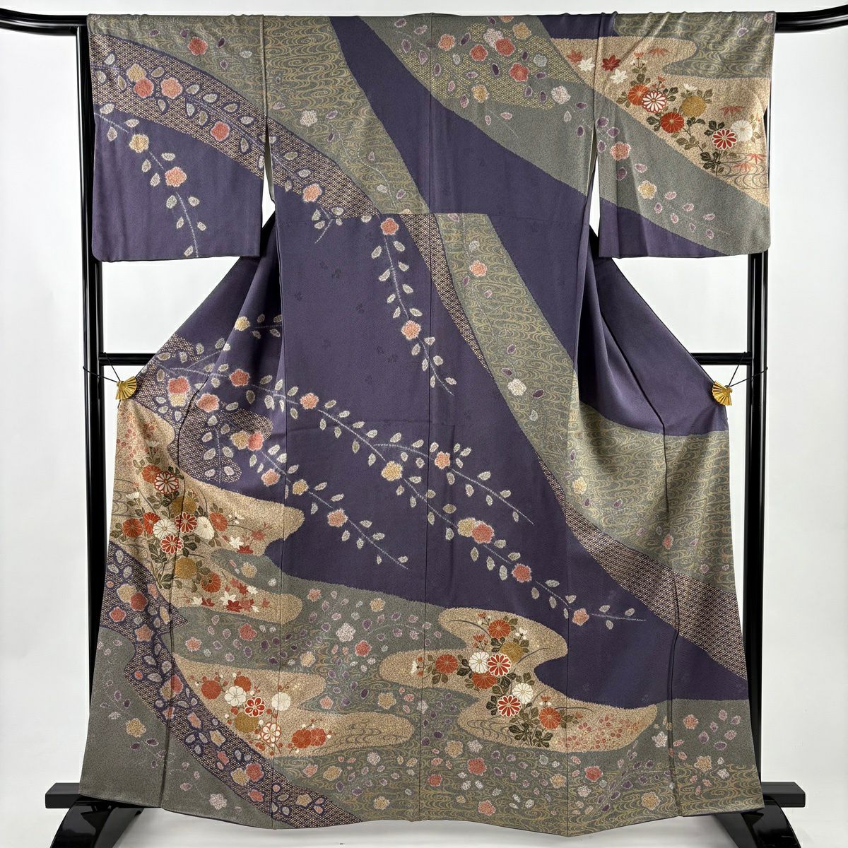 訪問服 身長163cm 袖長66.5cm M 雙層 菊花 ヱ霞 金銀彩 紫 純蠶絲 秀品級 一つ紋