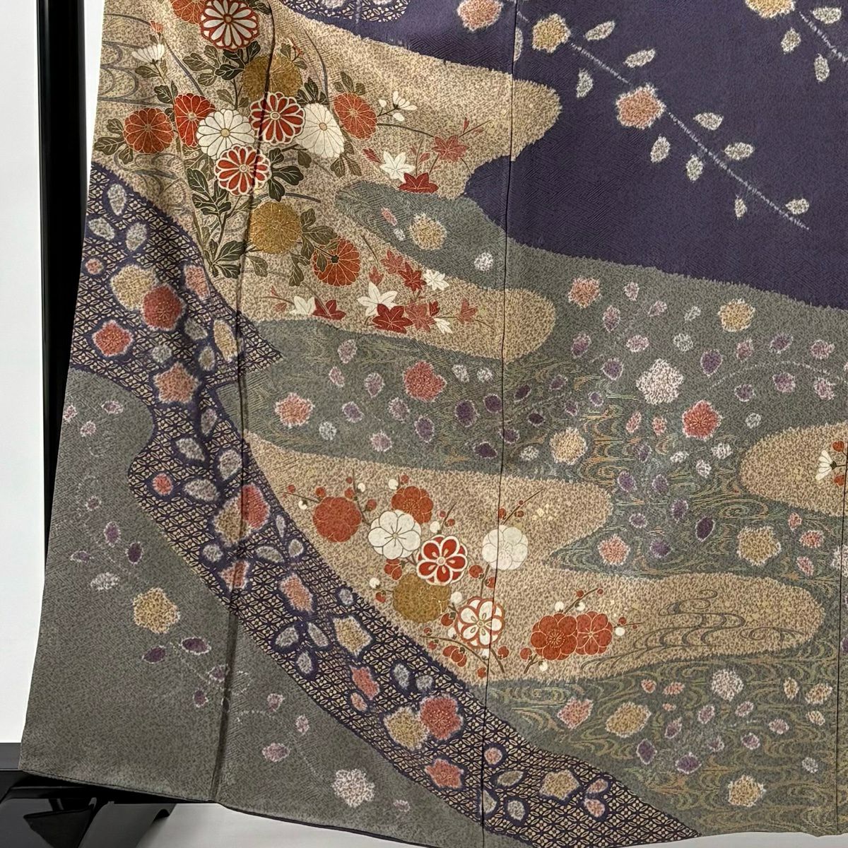 訪問服 身長163cm 袖長66.5cm M 雙層 菊花 ヱ霞 金銀彩 紫 純蠶絲 秀品級 一つ紋
