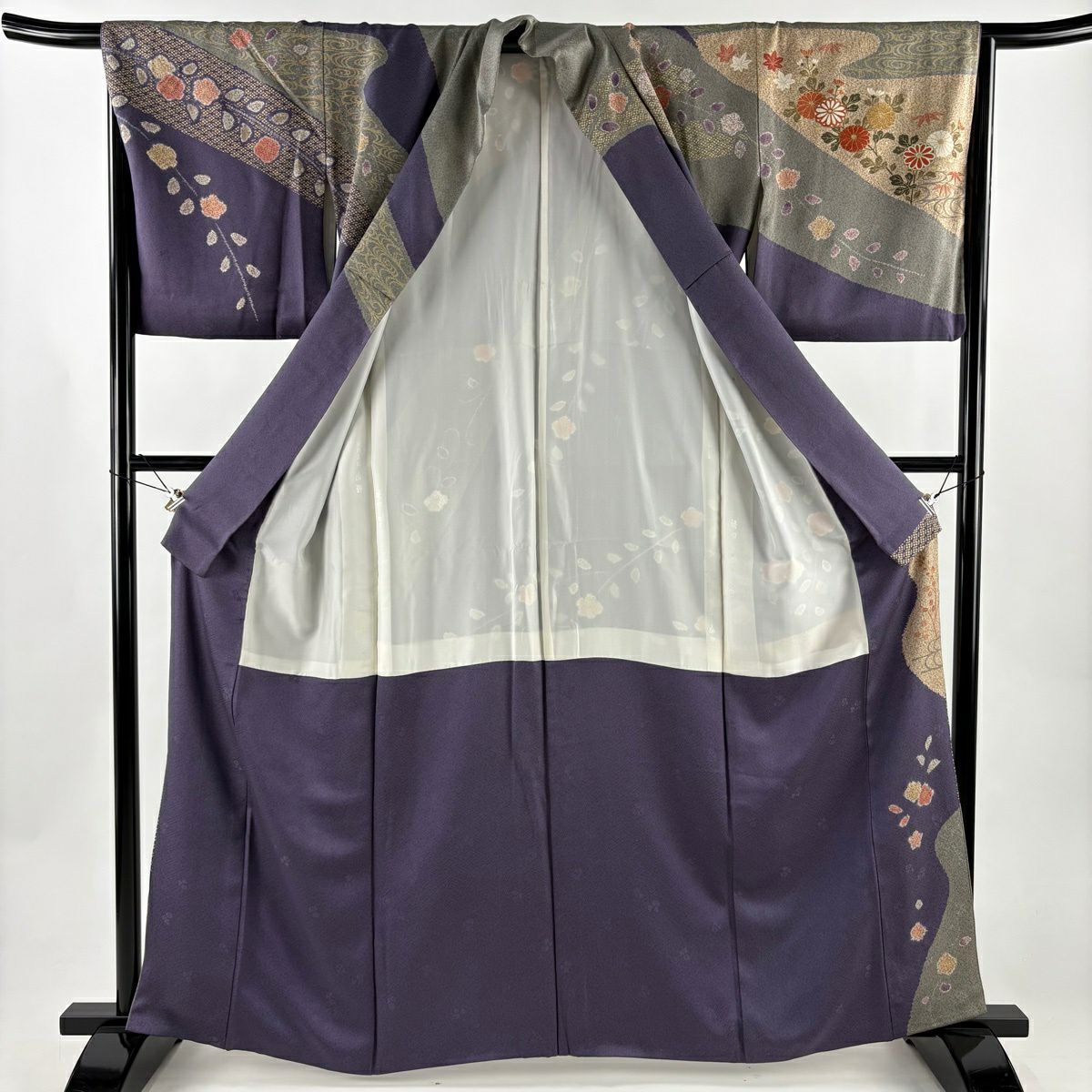 訪問服 身長163cm 袖長66.5cm M 雙層 菊花 ヱ霞 金銀彩 紫 純蠶絲 秀品級 一つ紋