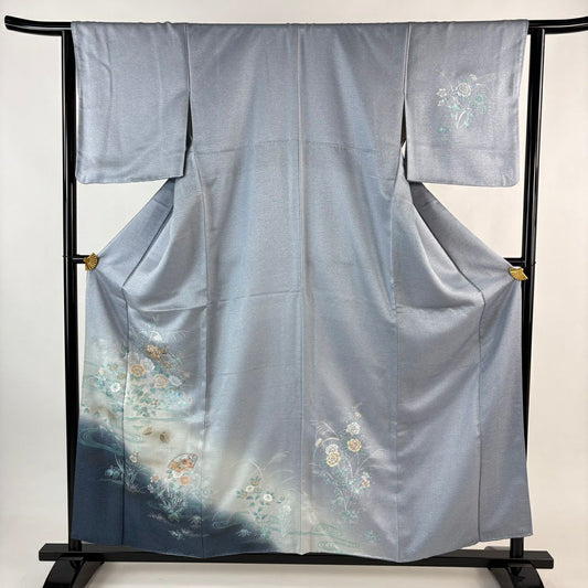 付下 身長158.5cm 袖長63.5cm S 雙層 草花紋紋 流水刺繡 金糸 青灰 純蠶絲 秀品級