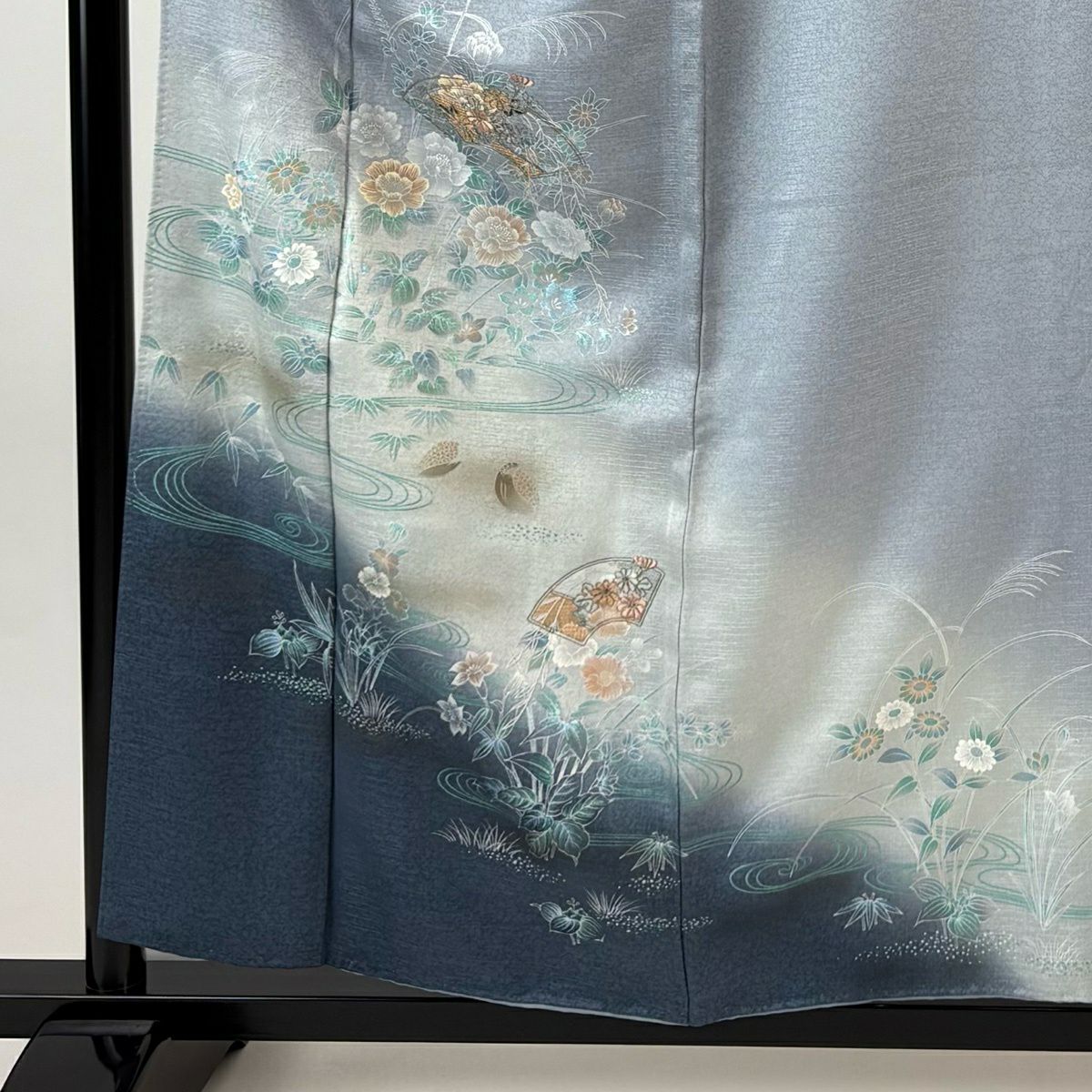 付下 身長158.5cm 袖長63.5cm S 雙層 草花紋紋 流水刺繡 金糸 青灰 純蠶絲 秀品級