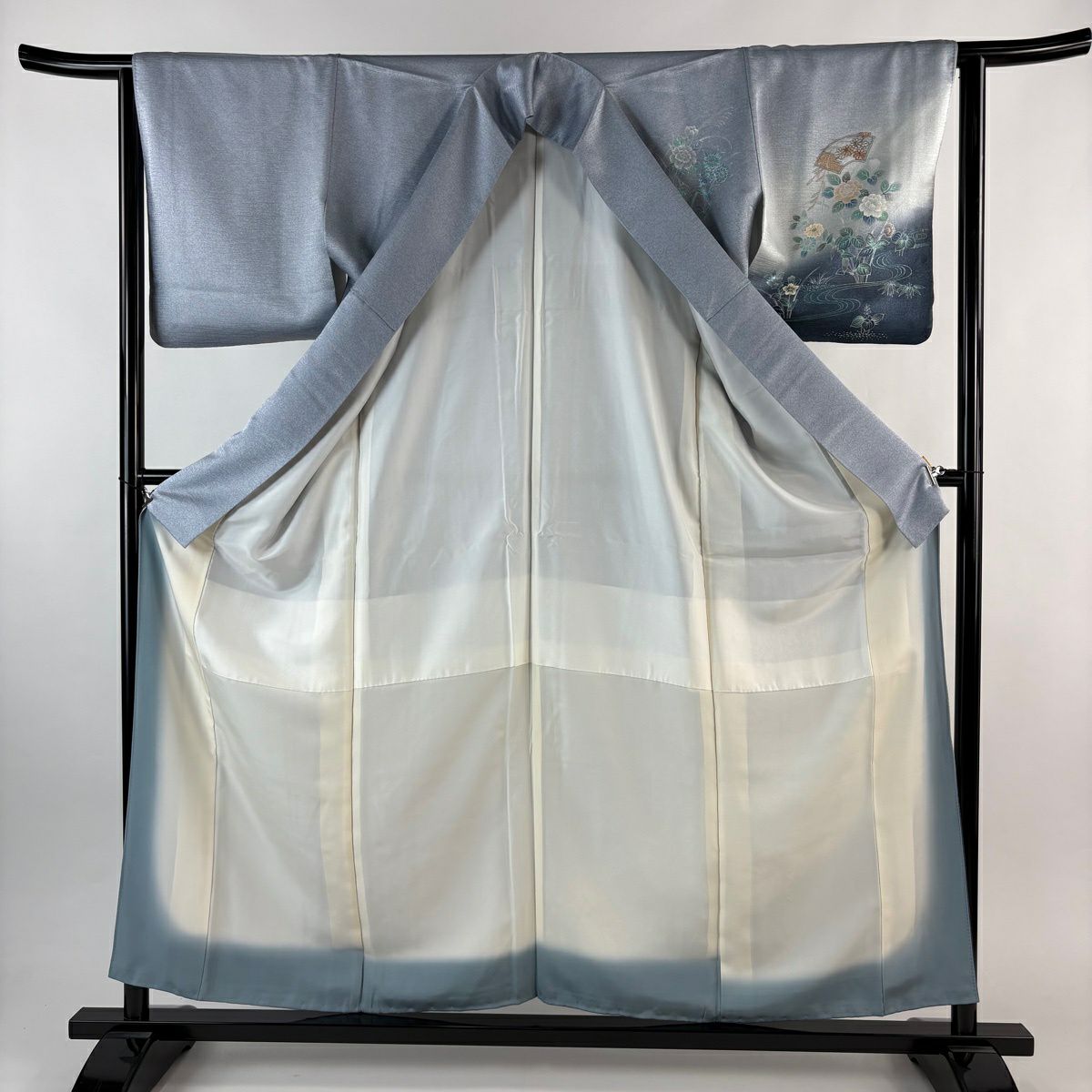 付下 身長158.5cm 袖長63.5cm S 雙層 草花紋紋 流水刺繡 金糸 青灰 純蠶絲 秀品級