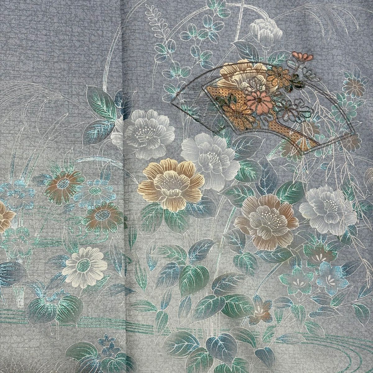 付下 身長158.5cm 袖長63.5cm S 雙層 草花紋紋 流水刺繡 金糸 青灰 純蠶絲 秀品級