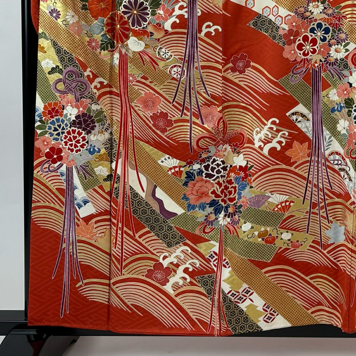 振袖禮服 身長159.5cm 袖長64cm M 雙層 波 くす玉 金絲 金銀彩 朱 純蠶絲 秀品級