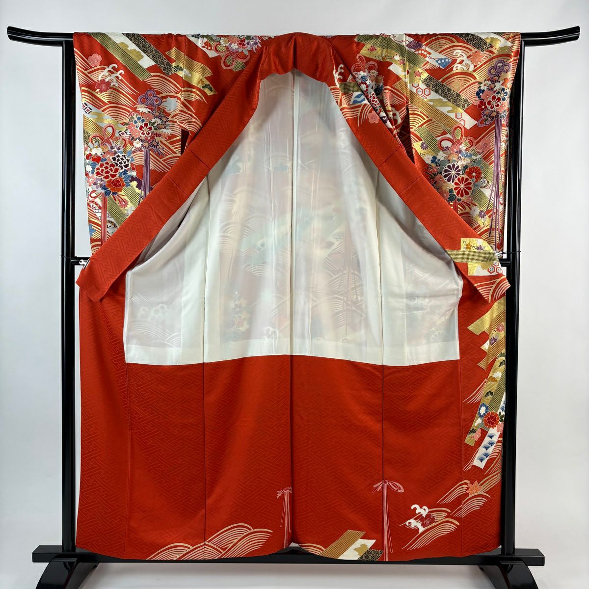 振袖禮服 身長159.5cm 袖長64cm M 雙層 波 くす玉 金絲 金銀彩 朱 純蠶絲 秀品級