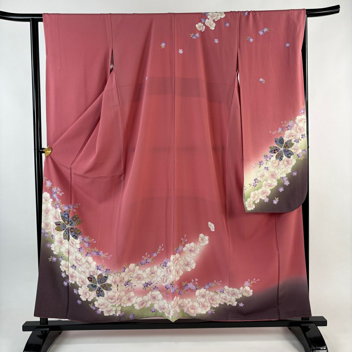 振袖禮服 身長157.5cm 袖長65cm M 雙層 鈴乃屋 樱花 牡丹 金銀彩 漸層 粉色 純蠶絲 優品級