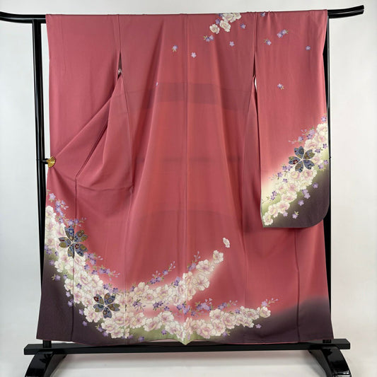 振袖禮服 身長157.5cm 袖長65cm M 雙層 鈴乃屋 樱花 牡丹 金銀彩 漸層 粉色 純蠶絲 優品級