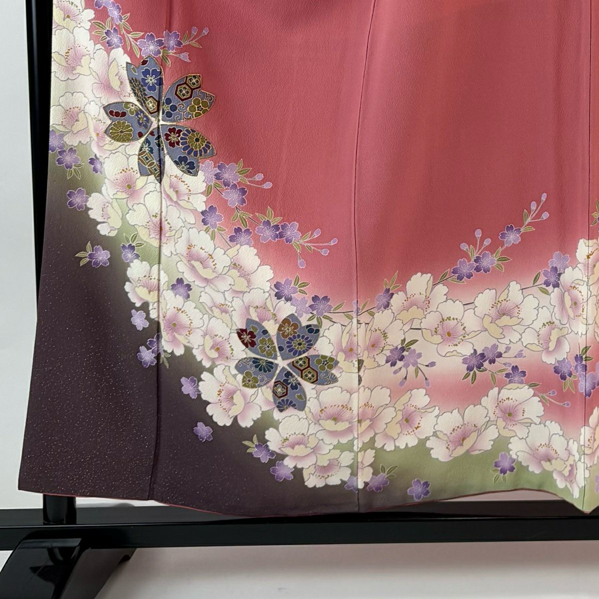 振袖禮服 身長157.5cm 袖長65cm M 雙層 鈴乃屋 樱花 牡丹 金銀彩 漸層 粉色 純蠶絲 優品級