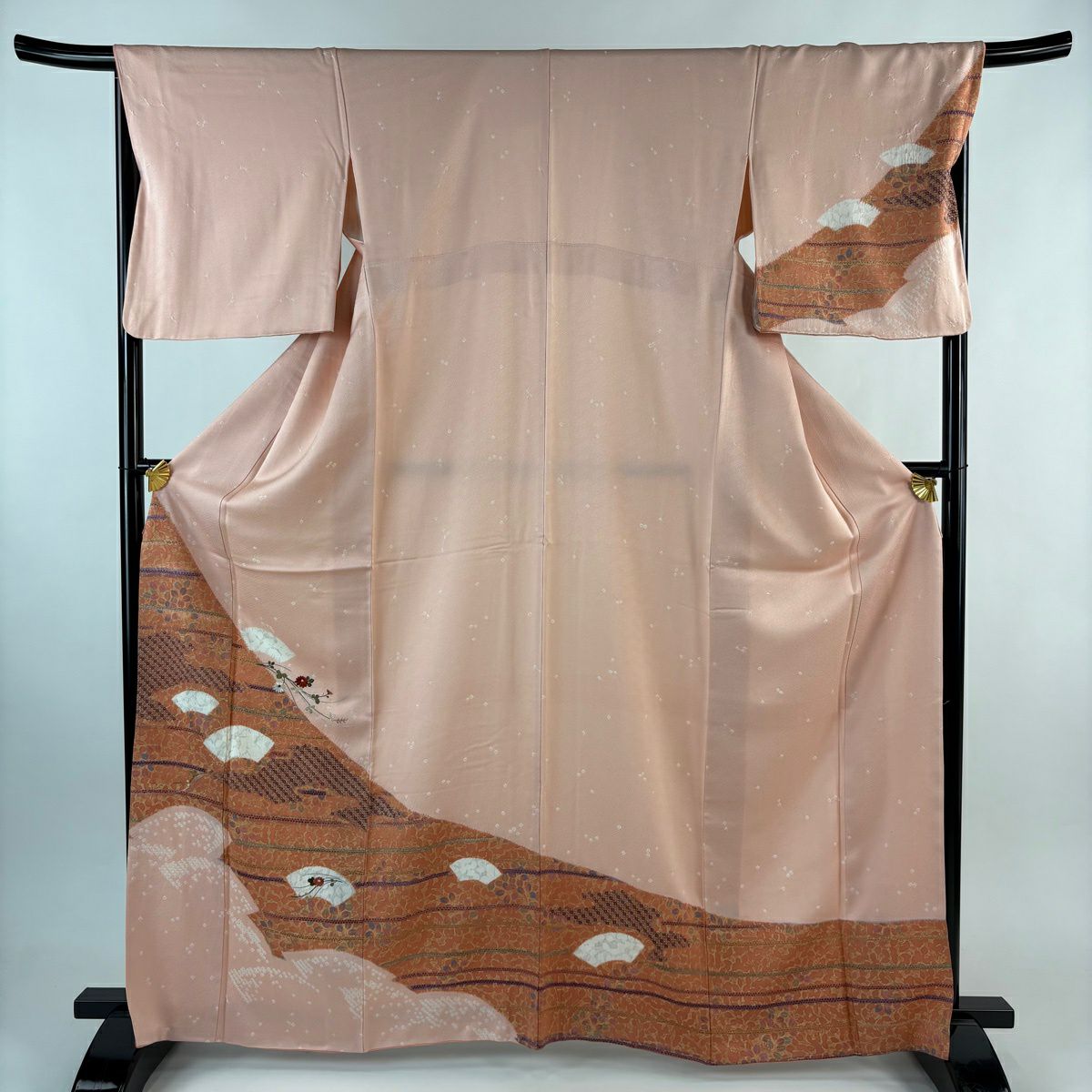 【美品】訪問服 身長166cm 袖長68cm L 雙層 扇子面 菊花 絞染 刺繡 淺粉色 純蠶絲 優品級