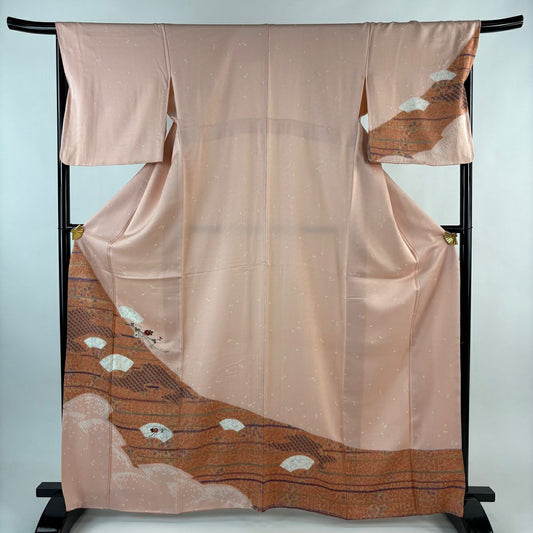 【美品】訪問服 身長166cm 袖長68cm L 雙層 扇子面 菊花 絞染 刺繡 淺粉色 純蠶絲 優品級