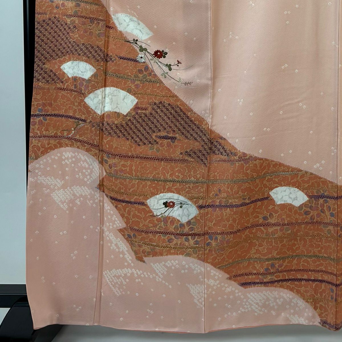 【美品】訪問服 身長166cm 袖長68cm L 雙層 扇子面 菊花 絞染 刺繡 淺粉色 純蠶絲 優品級