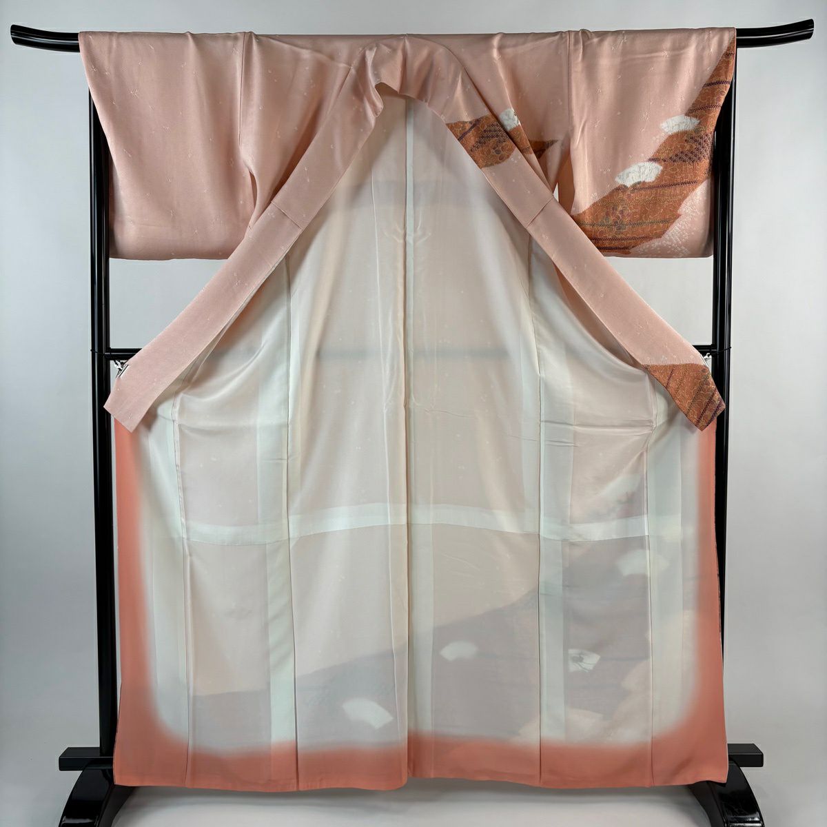 【美品】訪問服 身長166cm 袖長68cm L 雙層 扇子面 菊花 絞染 刺繡 淺粉色 純蠶絲 優品級