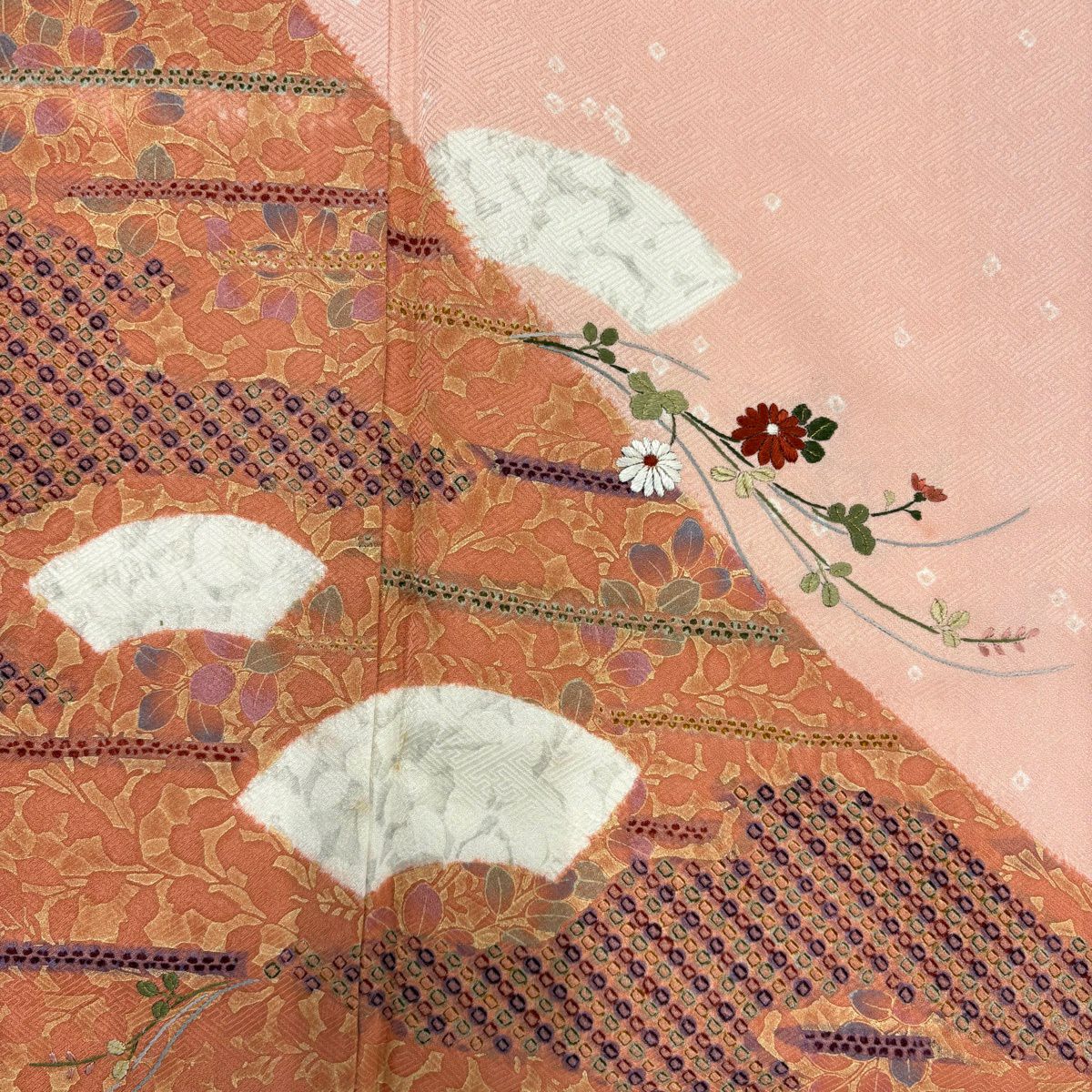 【美品】訪問服 身長166cm 袖長68cm L 雙層 扇子面 菊花 絞染 刺繡 淺粉色 純蠶絲 優品級