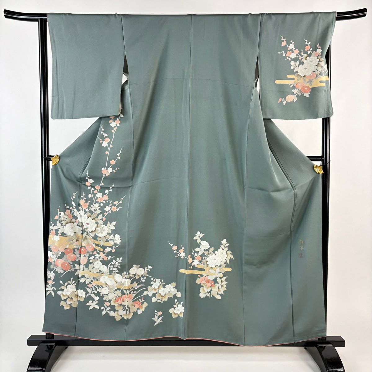 訪問服 身長159cm 袖長66.5cm M 雙層 落款 草花紋紋 霞 金銀彩 刺繡 灰綠 純蠶絲 秀品級