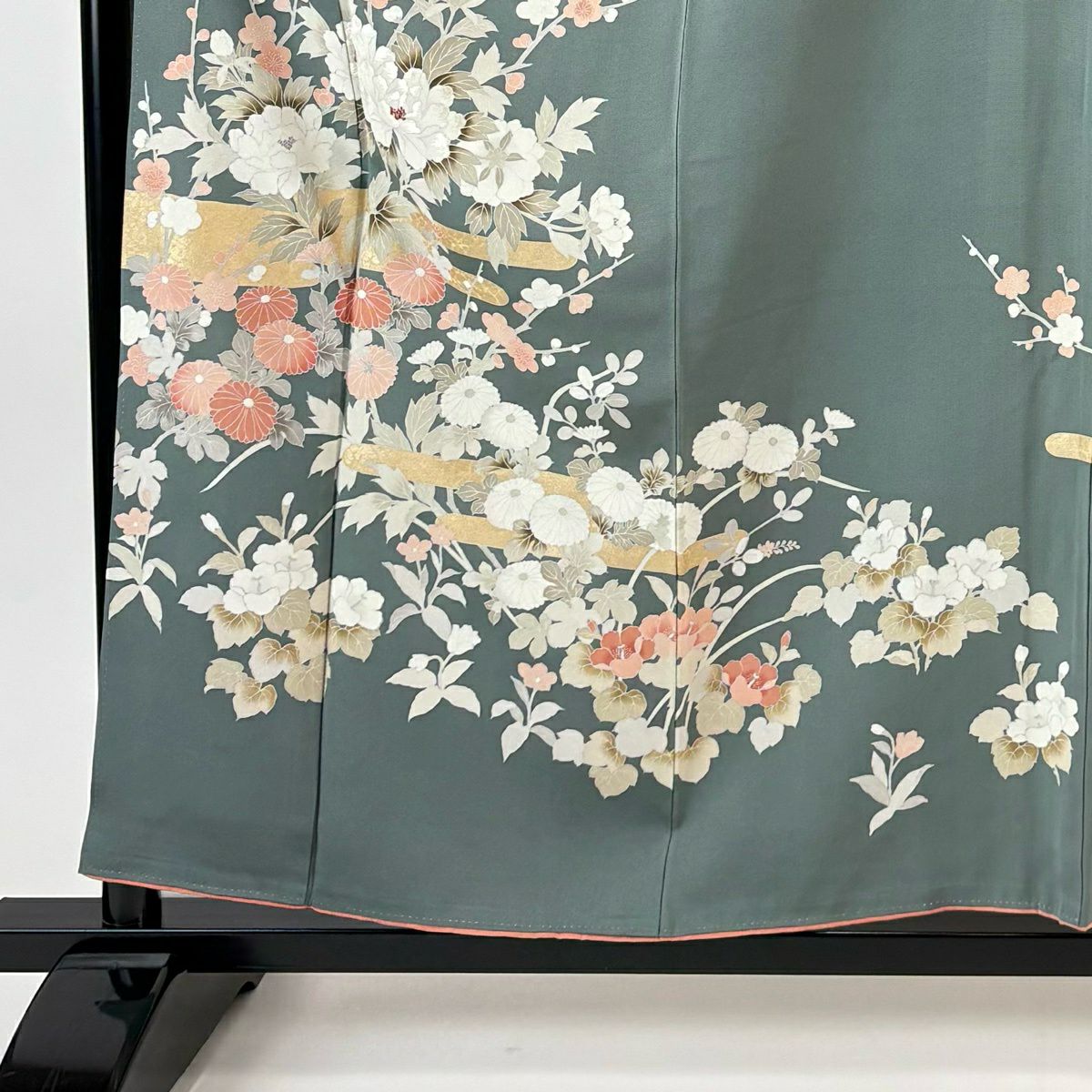 訪問服 身長159cm 袖長66.5cm M 雙層 落款 草花紋紋 霞 金銀彩 刺繡 灰綠 純蠶絲 秀品級