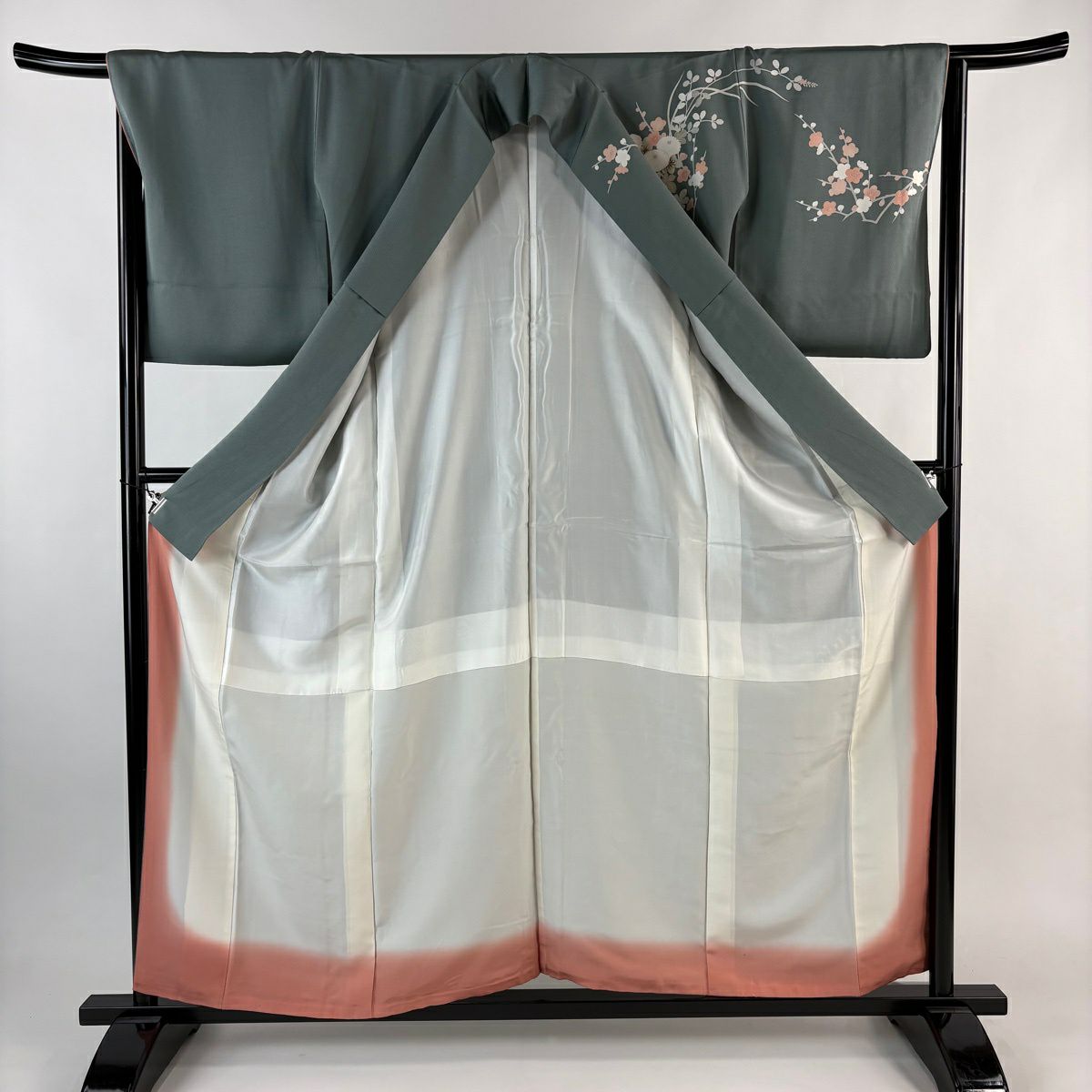 訪問服 身長159cm 袖長66.5cm M 雙層 落款 草花紋紋 霞 金銀彩 刺繡 灰綠 純蠶絲 秀品級