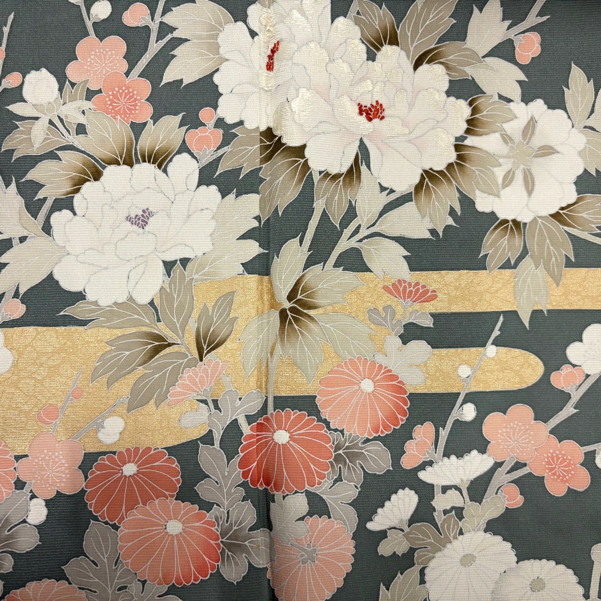 訪問服 身長159cm 袖長66.5cm M 雙層 落款 草花紋紋 霞 金銀彩 刺繡 灰綠 純蠶絲 秀品級