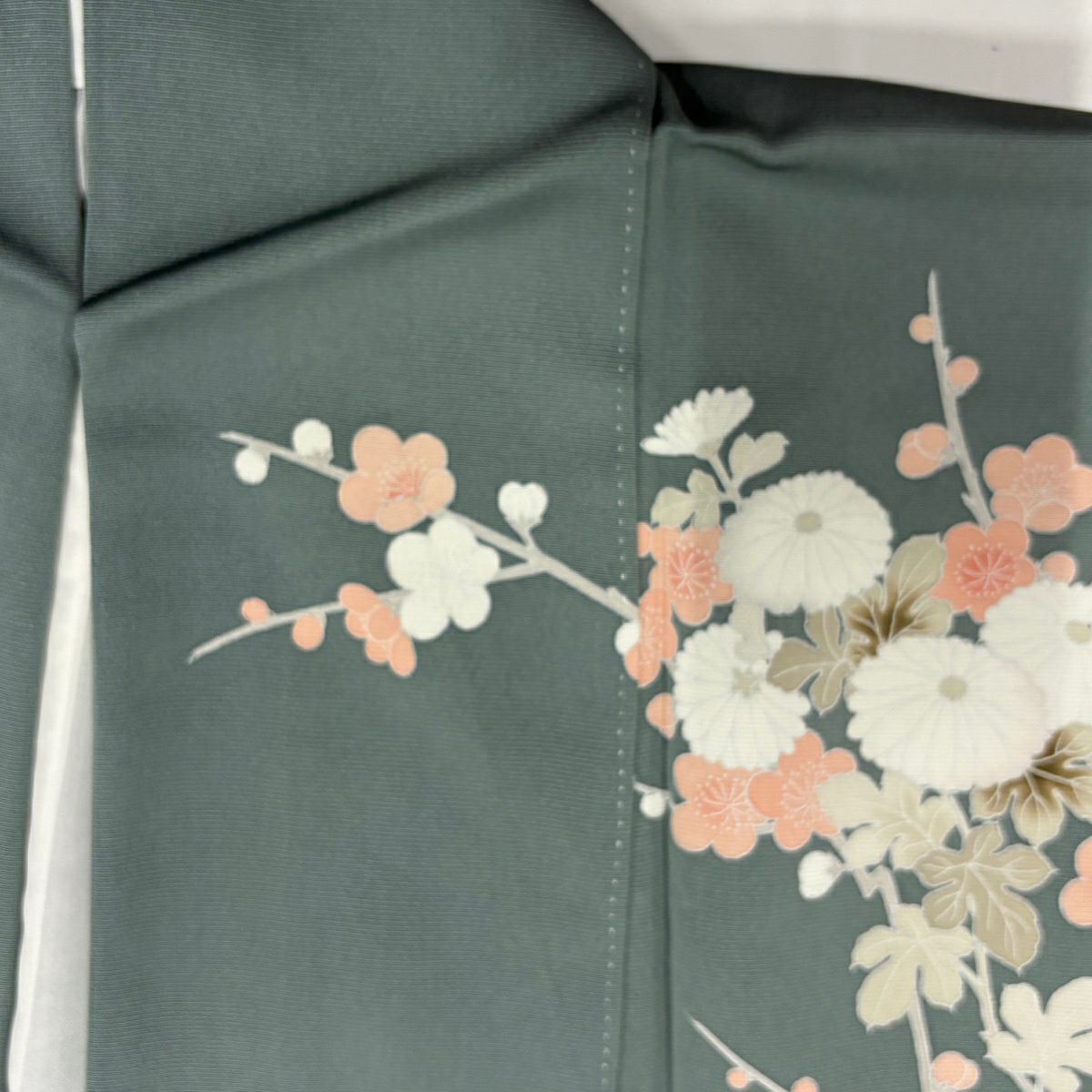訪問服 身長159cm 袖長66.5cm M 雙層 落款 草花紋紋 霞 金銀彩 刺繡 灰綠 純蠶絲 秀品級