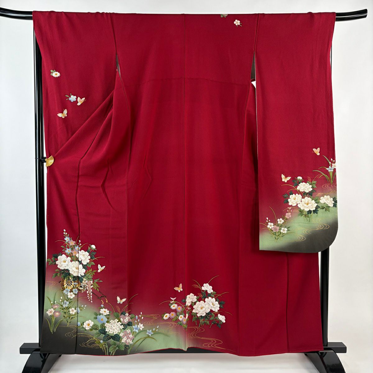振袖禮服 身長160cm 袖長67.5cm L 雙層 花車 蝶 金銀彩 染分 紅 純蠶絲 秀品級