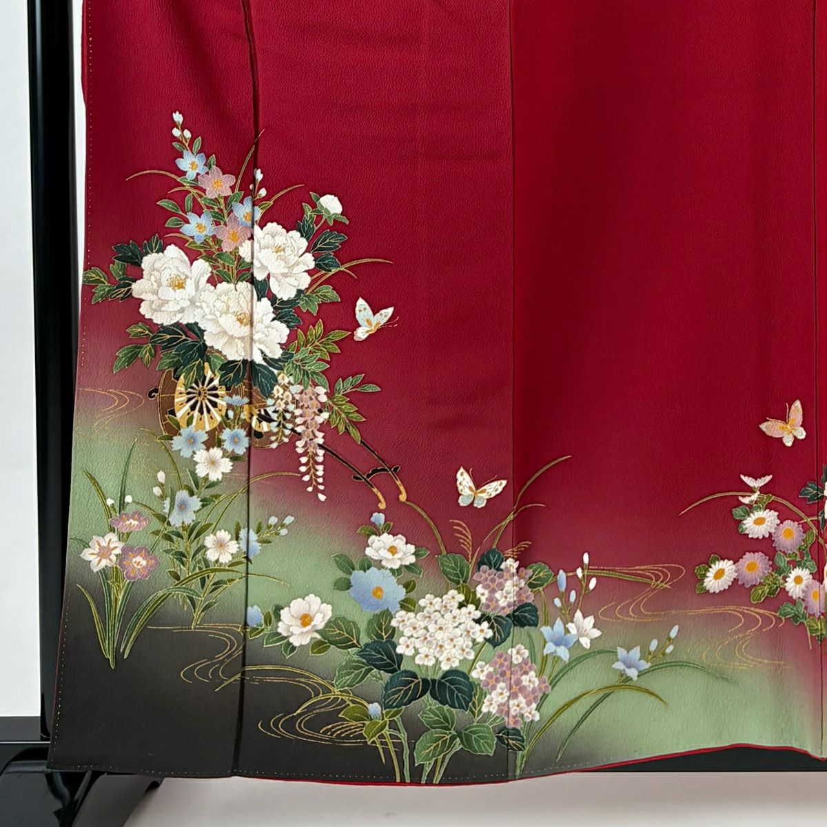 振袖禮服 身長160cm 袖長67.5cm L 雙層 花車 蝶 金銀彩 染分 紅 純蠶絲 秀品級