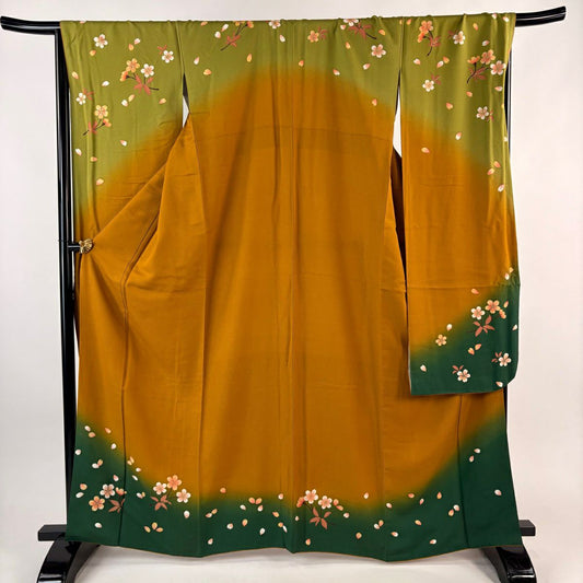 【美品】振袖禮服 身長165.5cm 袖長70cm L 雙層 鈴乃屋櫻櫻花花瓣金銀彩染分 山吹茶 純蠶絲 秀品級