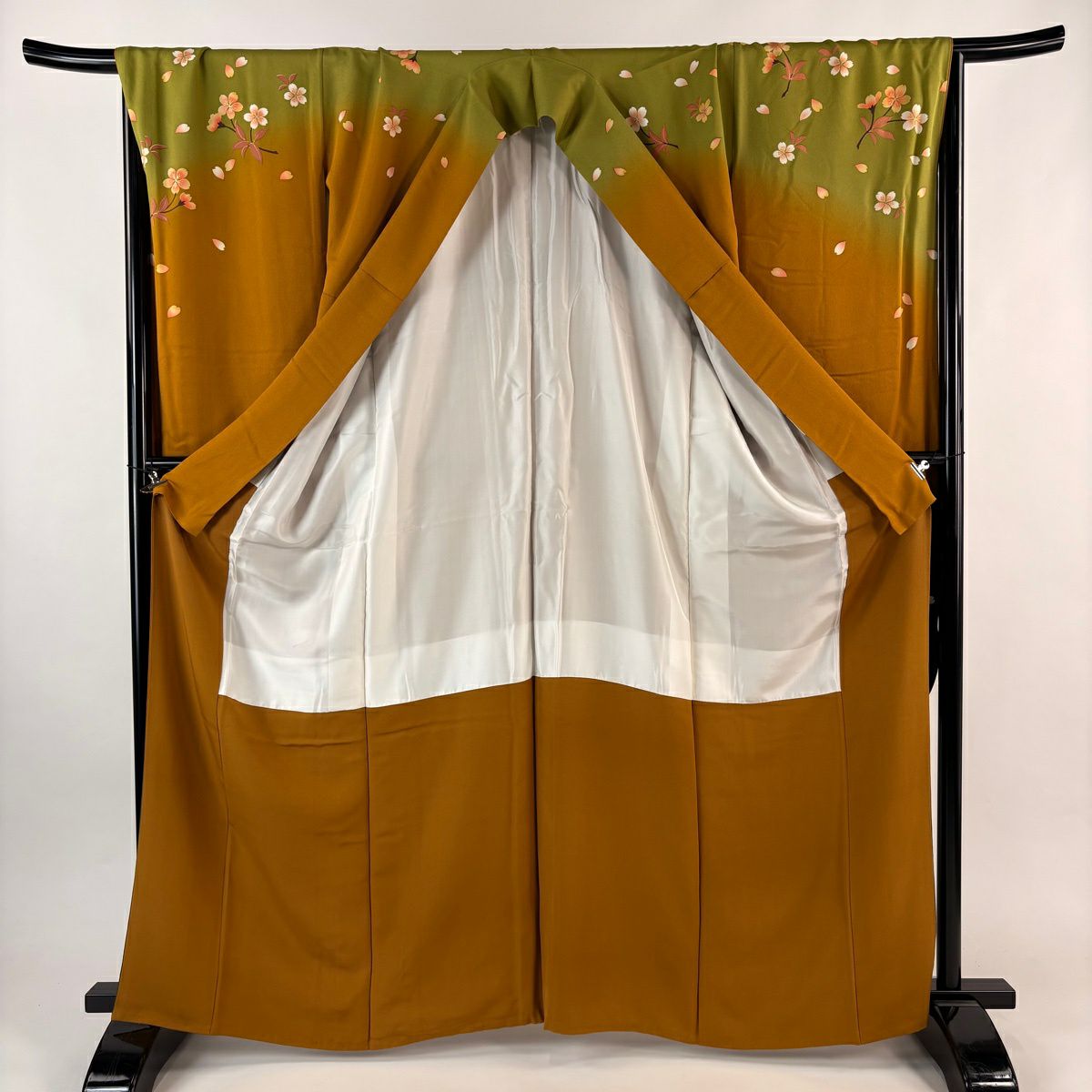【美品】振袖禮服 身長165.5cm 袖長70cm L 雙層 鈴乃屋櫻櫻花花瓣金銀彩染分 山吹茶 純蠶絲 秀品級