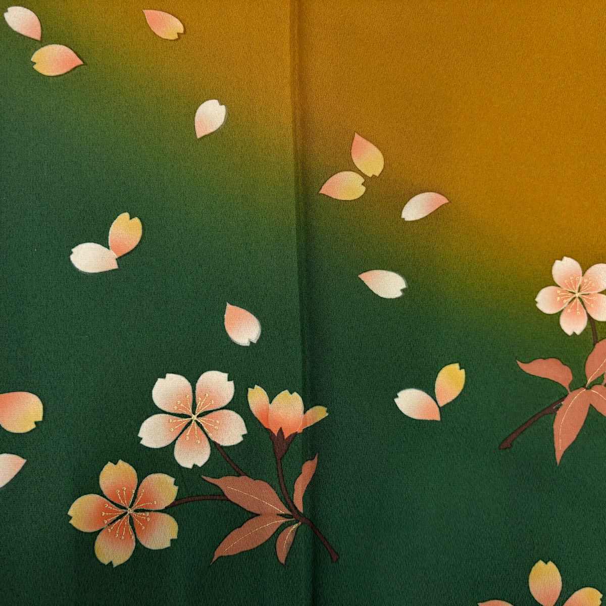 【美品】振袖禮服 身長165.5cm 袖長70cm L 雙層 鈴乃屋櫻櫻花花瓣金銀彩染分 山吹茶 純蠶絲 秀品級