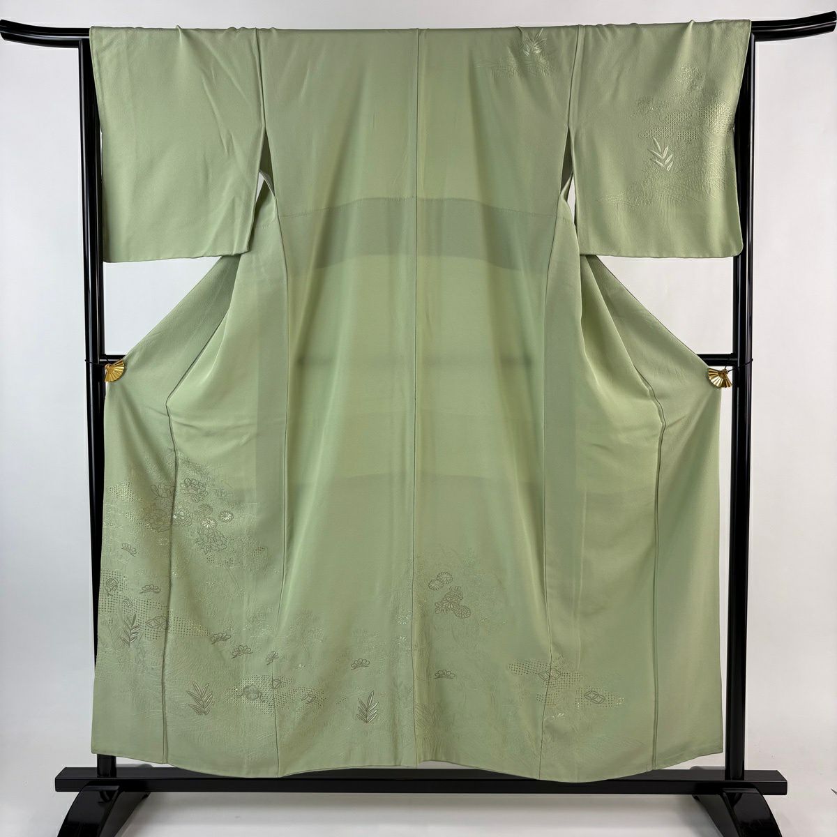 訪問服 身長154.5cm 袖長67cm M 雙層 花車 寶盡くし 刺繡 金絲 淺綠 純蠶絲 優品級