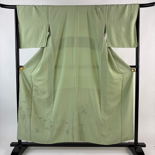訪問服 身長154.5cm 袖長67cm M 雙層 花車 寶盡くし 刺繡 金絲 淺綠 純蠶絲 優品級