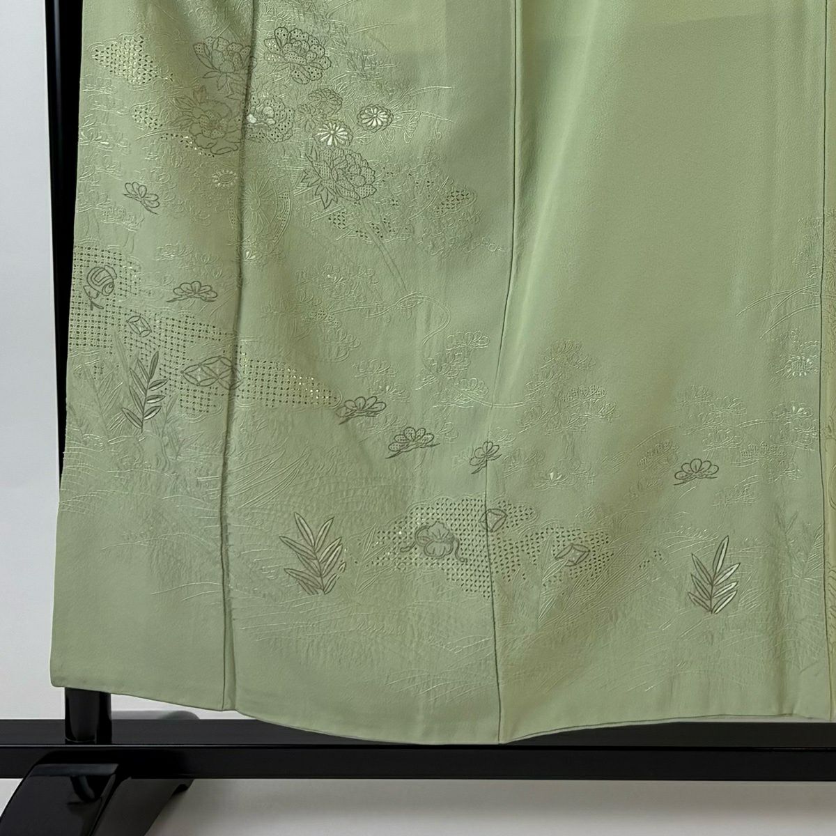 訪問服 身長154.5cm 袖長67cm M 雙層 花車 寶盡くし 刺繡 金絲 淺綠 純蠶絲 優品級