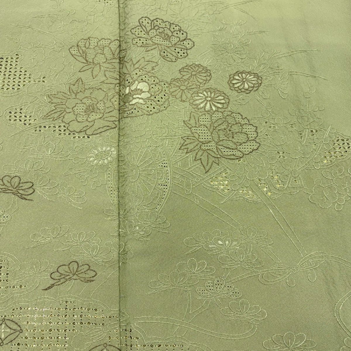 訪問服 身長154.5cm 袖長67cm M 雙層 花車 寶盡くし 刺繡 金絲 淺綠 純蠶絲 優品級