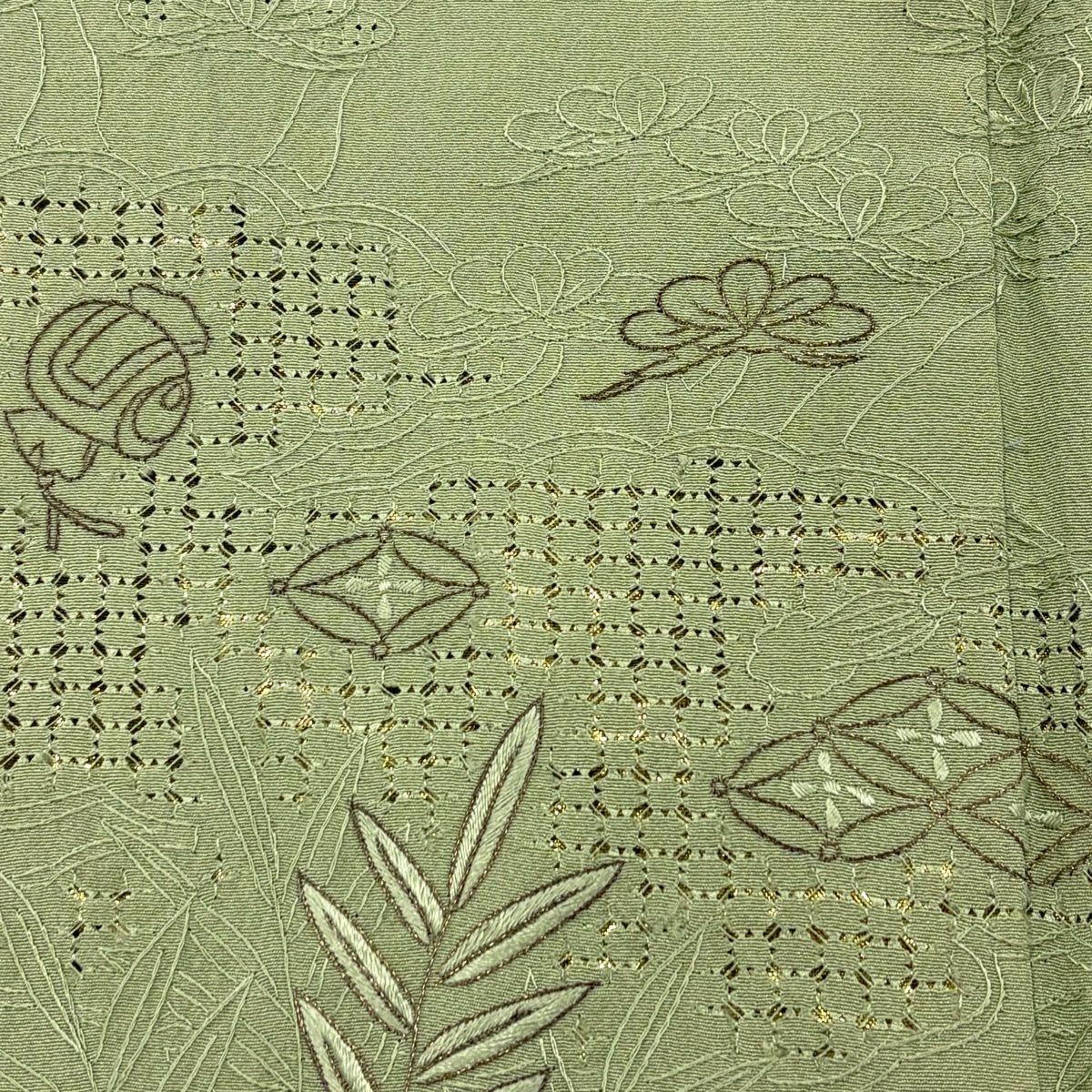 訪問服 身長154.5cm 袖長67cm M 雙層 花車 寶盡くし 刺繡 金絲 淺綠 純蠶絲 優品級