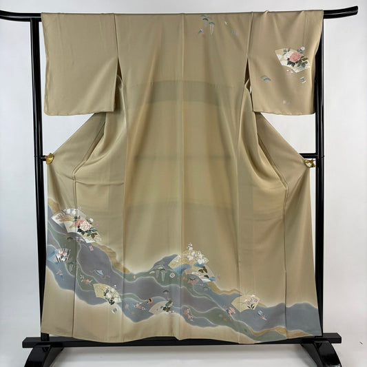 訪問服 身長159cm 袖長64.5cm M 雙層 扇子面 草花紋紋 金絲 金銀彩 淺茶 純蠶絲 優品級