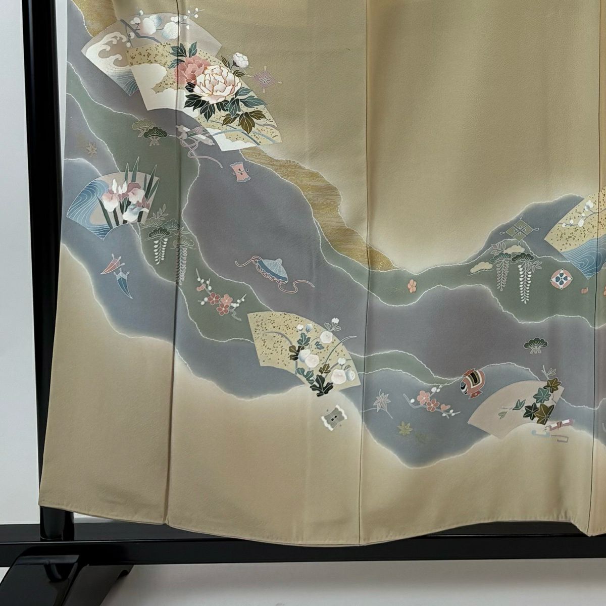 訪問服 身長159cm 袖長64.5cm M 雙層 扇子面 草花紋紋 金絲 金銀彩 淺茶 純蠶絲 優品級
