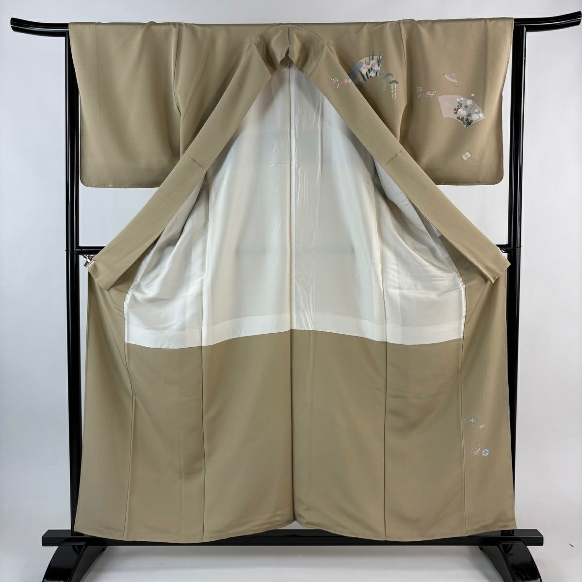 訪問服 身長159cm 袖長64.5cm M 雙層 扇子面 草花紋紋 金絲 金銀彩 淺茶 純蠶絲 優品級
