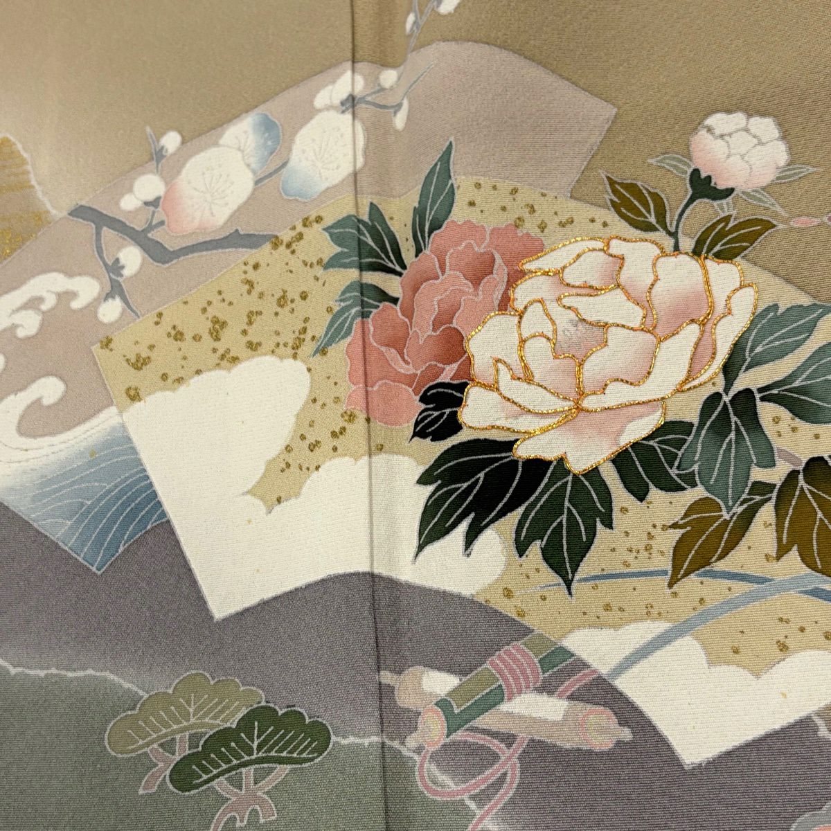 訪問服 身長159cm 袖長64.5cm M 雙層 扇子面 草花紋紋 金絲 金銀彩 淺茶 純蠶絲 優品級