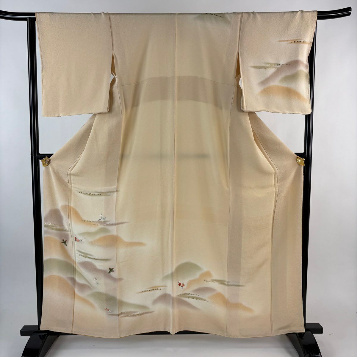 付下 身長161cm 袖長65cm M 雙層 山並 松樹梅花 刺繡 金彩裝飾 淺橙 純蠶絲 優品級