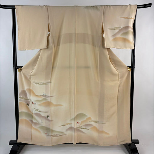 付下 身長161cm 袖長65cm M 雙層 山並 松樹梅花 刺繡 金彩裝飾 淺橙 純蠶絲 優品級