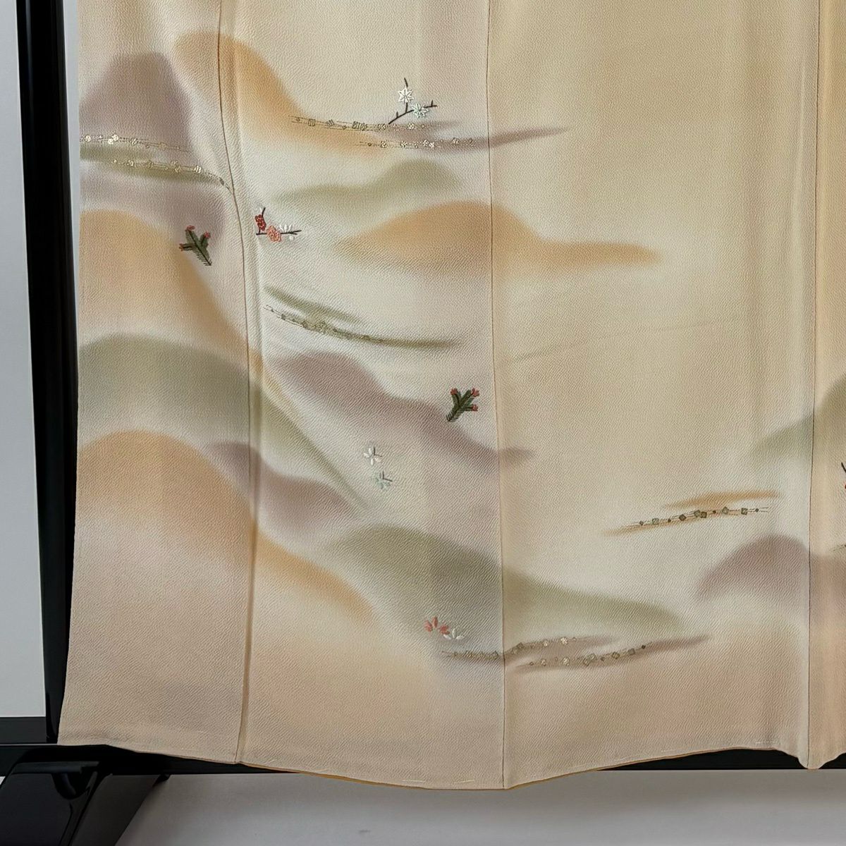付下 身長161cm 袖長65cm M 雙層 山並 松樹梅花 刺繡 金彩裝飾 淺橙 純蠶絲 優品級